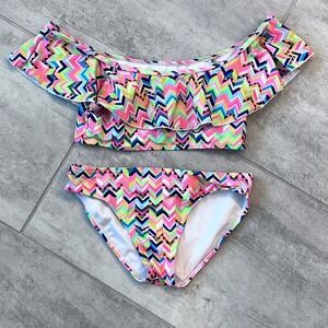 Girls Dolphin Love Swimsuit Size 14 Two Piece Off Shoulder‎ Ruffle Chevron